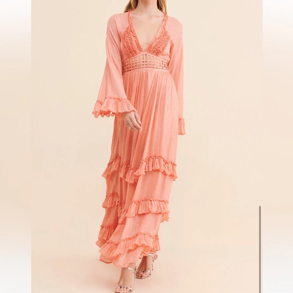 Free People Coral Pink Maxi Dress with Ruffle Tiers - Picture 1 of 4